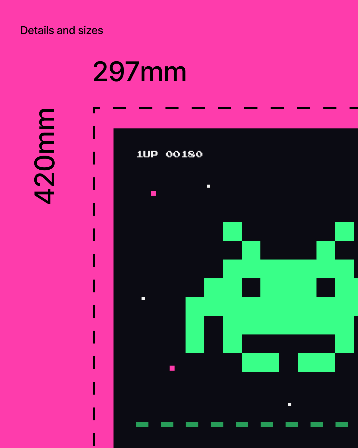 Close-up of the ARCADE NIGHT poster with dimension lines showing 297 mm by 420 mm, labelled "Details and sizes"