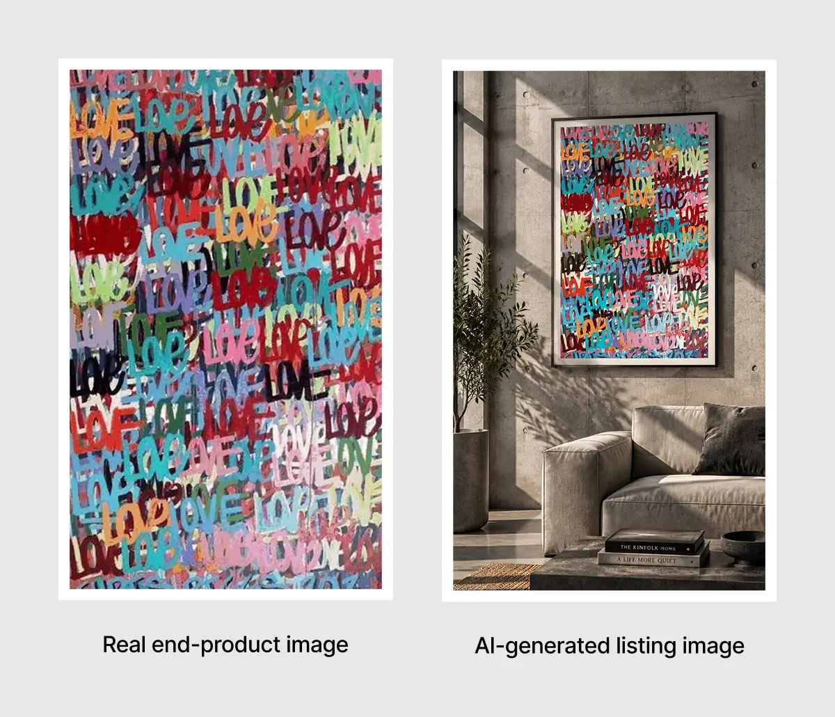 LOVE lettering wall art shown twice: a real photo of the canvas on the left, and an AI-generated listing image of the same canvas hanging in a living room on the right