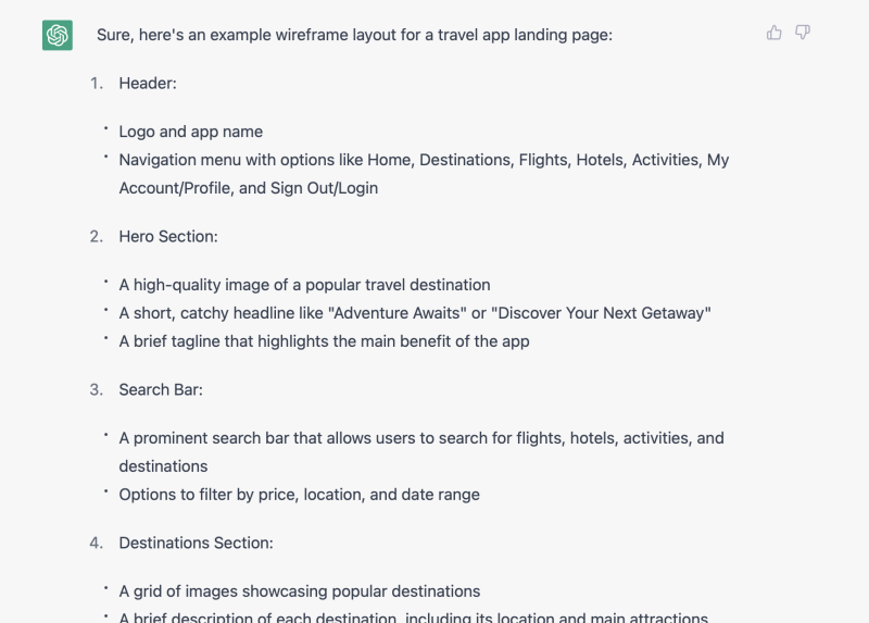 ChatGPT prompt for getting ideas about page layout or wireframe