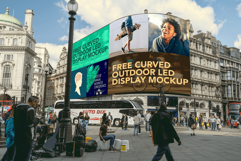 Curved LED billboard mockup in a busy London street