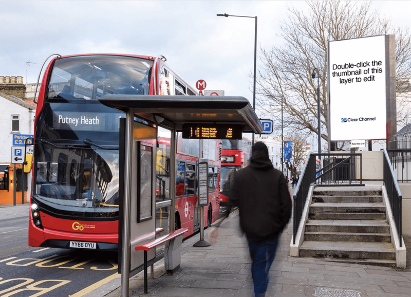 London bus stop with an advertisement mockup on the shelter