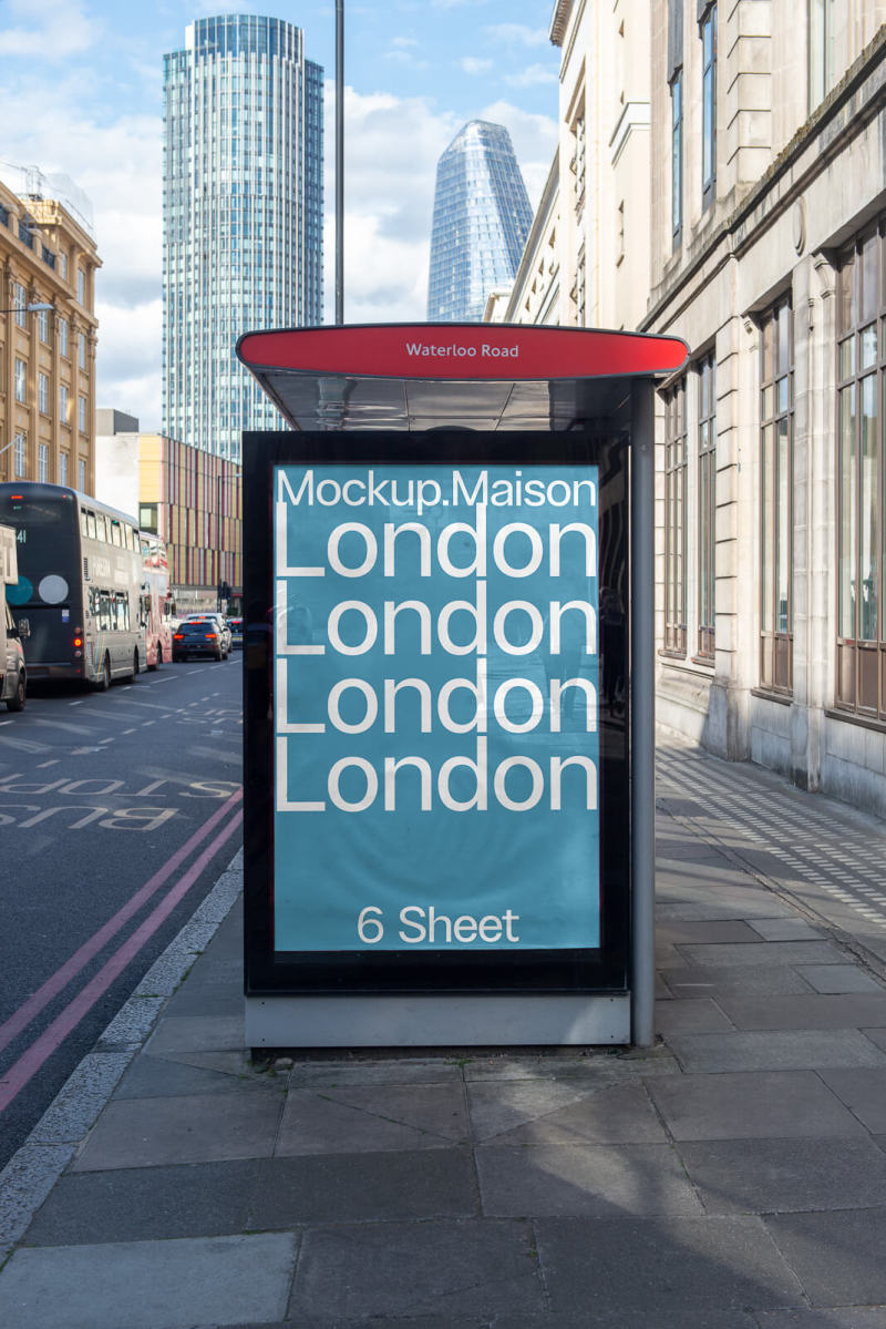 Bus shelter in London with a large advertisement mockup