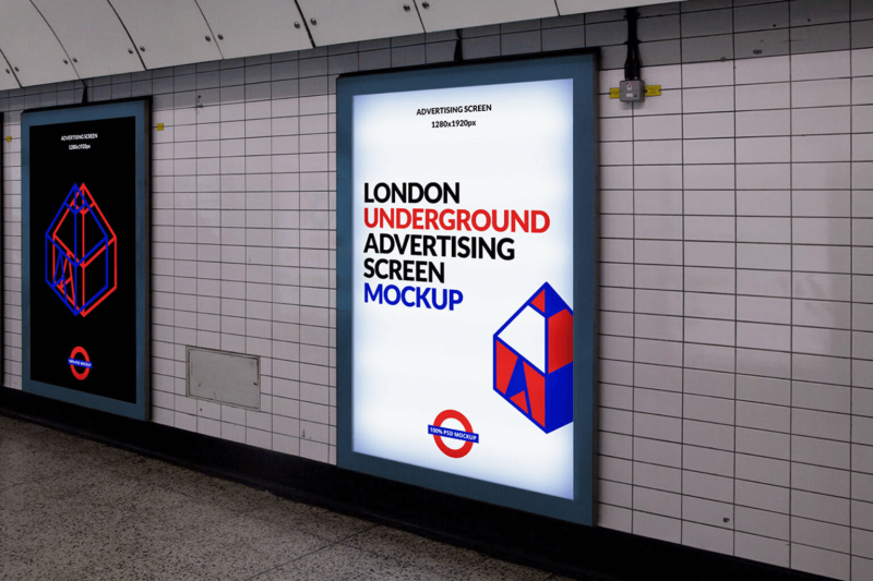 London Underground platform with illuminated advertising mockups