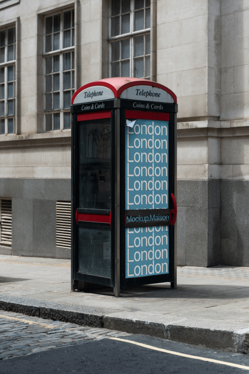 Classic London phone booth with an advertisement