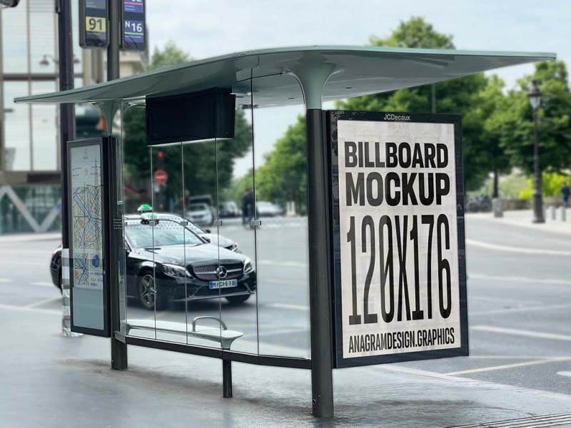 Billboard mockup at a bus shelter in a busy city street