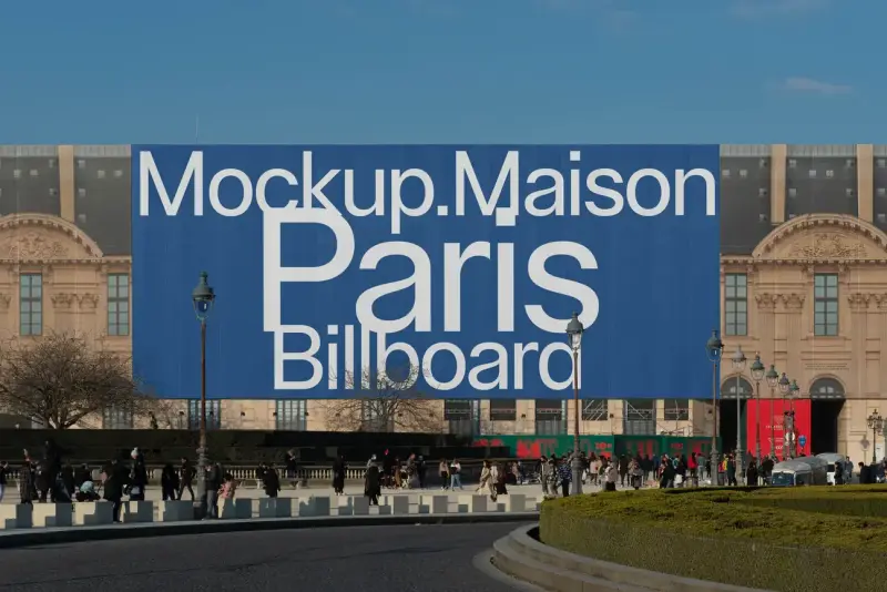 Massive billboard mockup in front of a historic Parisian building