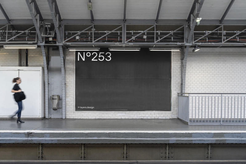 Billboard mockup in a subway station with industrial design elements