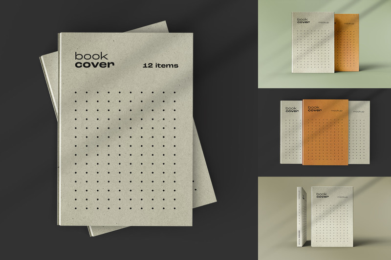 Book cover mockups in various layouts and color schemes