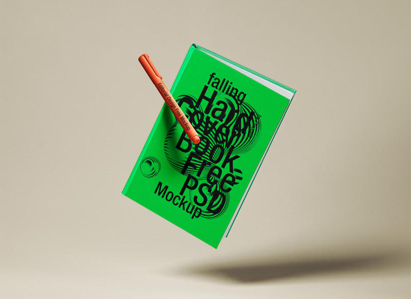 Clean, minimal book mockup scene with green book and orange pen