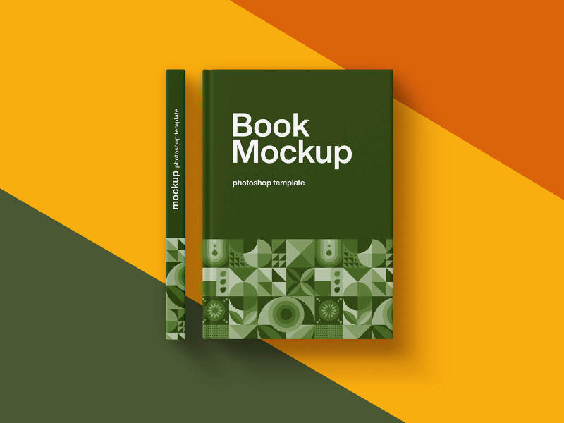 A sleek geometric book spine design in green tones on a vibrant background