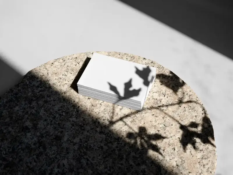 Stack of blank cards on stone surface with leaf shadows, perfect for the best EU business card mockups.