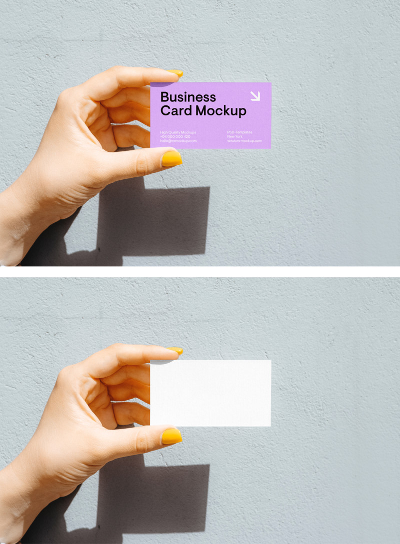 Hand holding a purple EU business card mockup against a gray wall background.