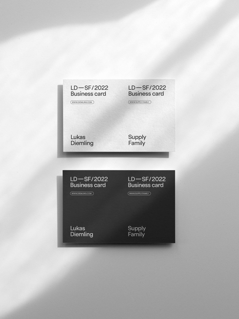 Minimalist eu business card mockup displaying both light and dark designs on a textured background.