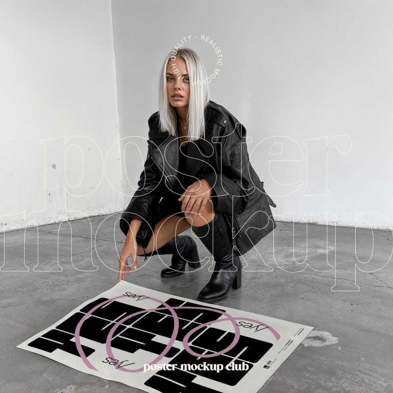 Free poster mockup in an edgy, industrial setting with platinum-haired person in black leather, enhancing creative design display.