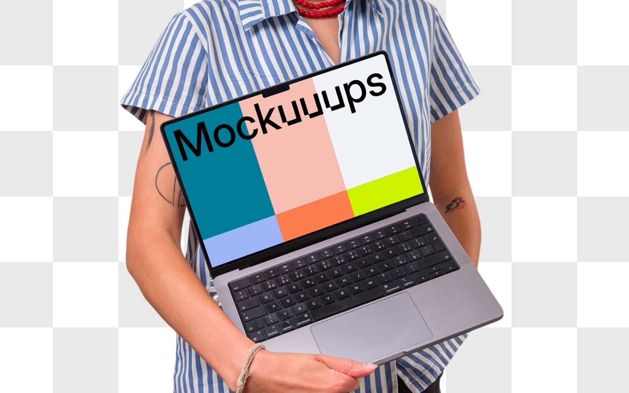 Woman holding MacBook Pro mockup with confident posture, wearing white blouse and red necklace on transparent background