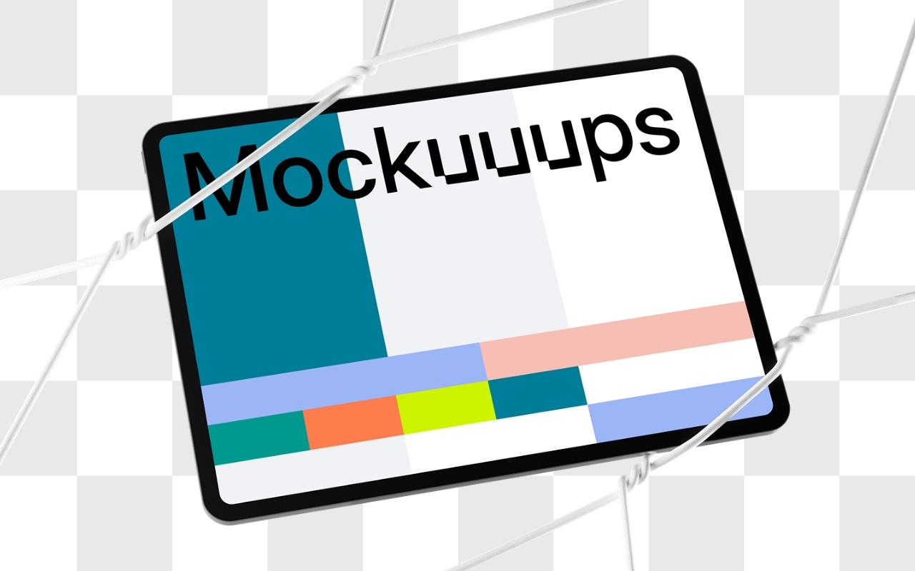 iPad Pro landscape mockup with white rope binding in isometric view, transparent background for creative presentations