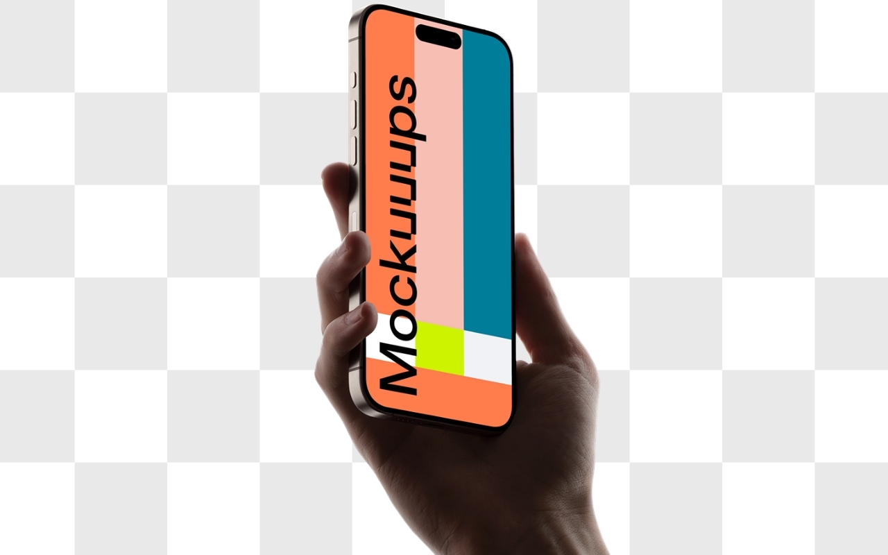 iPhone mockup held in man's hand with transparent background for app and website design presentations